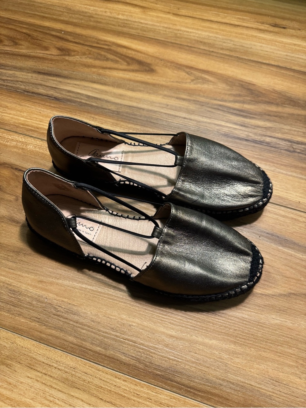 Metallic Pewter Espadrille Flats with Elastic Straps handmade in Spain